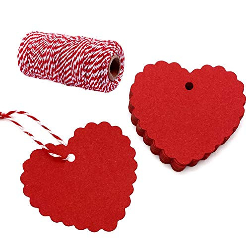 100 Pcs Heart Tags Red Paper Tags Kraft Gift Tags with 300 Feet String for Valentines Day Decorations Valentines Gift Favor Tags