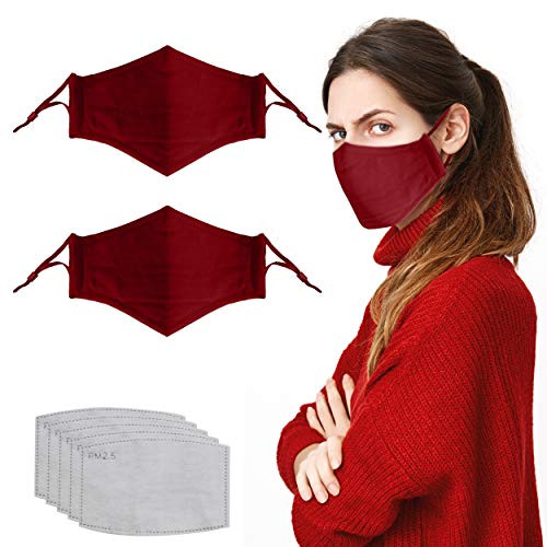 2 Pack Reusable Face Mask  - Breathable Face Masks  Red Face Mask to Cover Face and Washable Cloth Face Mask Washable with 8 Filters Face Mask Reusable Red Mask. Adjustable Red Face Mask