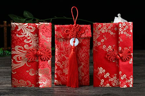 Silk Red Envelopes  3pcs HongBao Chinese Element Red Envelopes Gift Card Lucky Money Embroidery Envelope for New Year Spring Festival Birthday and Wedding
