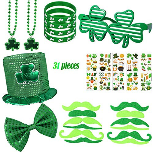 31 Pack St. Patrick's Day Accessories St Patrick's Shamrock Necklace Mustaches Rubber Bracelets Customized Clover Glasses and Temporary Tattoos for Saint Patrick's Party Favors