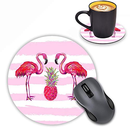 Round Mouse Pad with Coasters Set  Tropical Pattern with Flamingo and Pineapple Design Mouse Pad Non-Slip Rubber Mousepad Office Accessories Desk Decor Mouse Pads for Computers Laptop