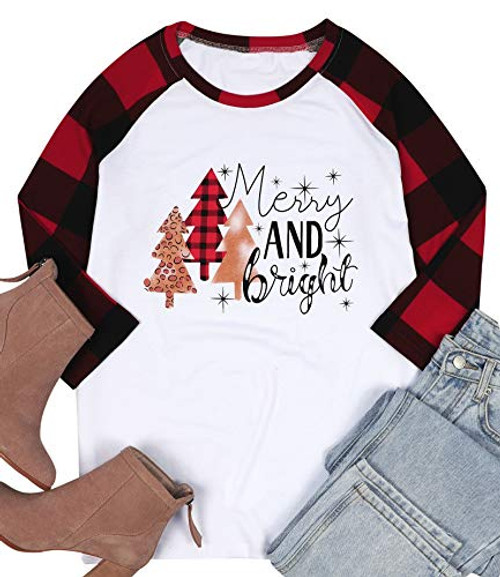 Merry and Bright Christmas Trees Print Raglan Sleeve Shirts Women 3 4 Sleeve Splicing Baseball Tee Top  XX-Large  Red-1
