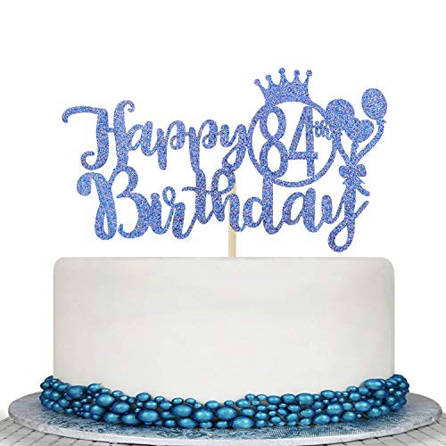 Blue Glitter Happy 84th Birthday Cake Topper - Cheers To 84 Years Cake Decor - 84th Birthday Party Decorations