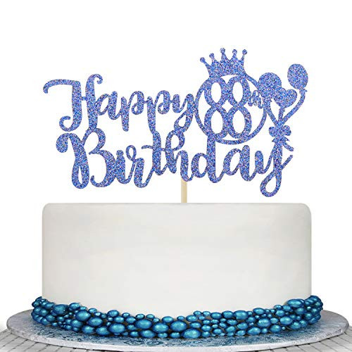 Blue Glitter Happy 88th Birthday Cake Topper - Cheers To 88 Years Cake Decor - 88th Birthday Party Decorations