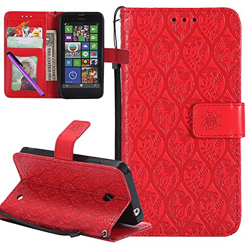 Nokia Lumia 630 Case,Nokia Lumia 630 Case LEECOCO Embossed Floral Wallet Case Card Cash Holder Slots Wrist Strap [Kickstand] PU Leather Flip Slim Case Cover Nokia Lumia 635 Rattan Red