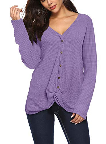 ONLYSHE Women's Waffle Knit Tunic Tops Loose Long Sleeve Button Down Deep V Neck Henley Shirts Purple