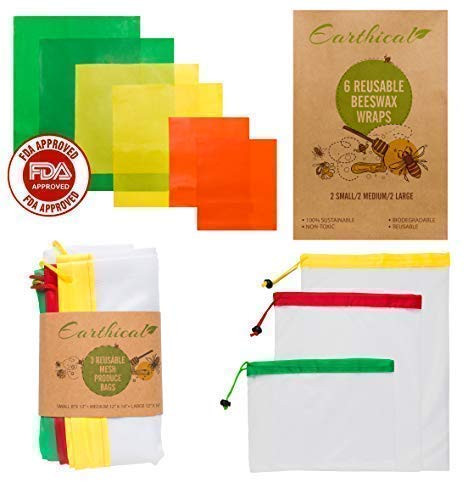Earthical Beeswax Wraps Set of 6 (2 Small-2 Medium-2 Large) - Reusable Mesh Produce Bags Set of 3 White Muslin Produce Bags with Drawstring