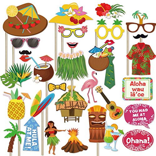 Luau Tropical Hawaiian Summer Party Photo Booth Props(34Pcs),Tiki Aloha Photo Props Pose Sign Pool Party Summer Party Decoration Supplies