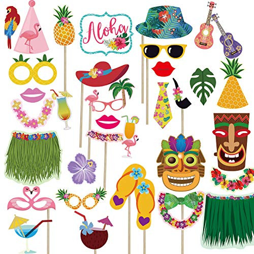 Luau Tropical Hawaiian Summer Party Photo Booth Props(36Pcs),Tiki Aloha Photo Props Pose Sign Pool Party Summer Party Decoration Supplies