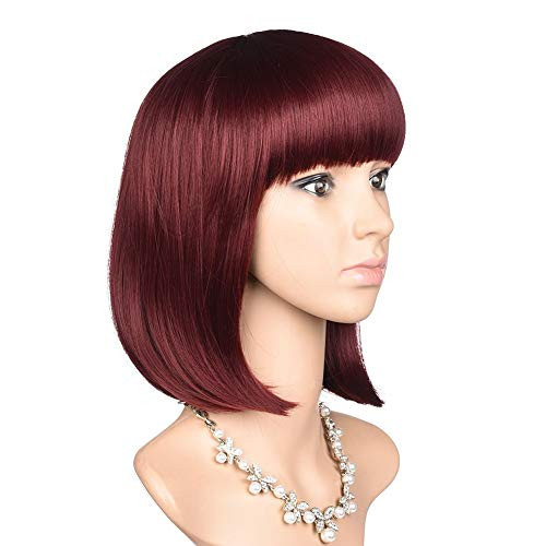 HEESAGA Synthetic Short Bob Hair Wig with Bangs  12 Inch Shoulder-Length Womens Wig - Burgundy