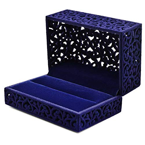 HOLLY TRIP Ring Box  Hollow Square Velvet Couple Double Rings Gift Box Wedding Ring Jewelry Box for Proposal Engagement  Royal Blue