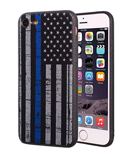 iPhone 7 Case,iPhone 8 Case,BWOOLL Slim Anti-Scratch Shockproof Leather Grain TPU Rubber Protective Cover for Apple iPhone 7/iPhone 8 (4.7 inch) - Thin Blue Line American Flag