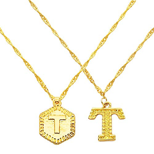 Yellow 18K Gold Plated Initial Letter Necklace  2PCS A-Z Capital Alphabet Charm Pendant Necklaces for Men Women Girls  T