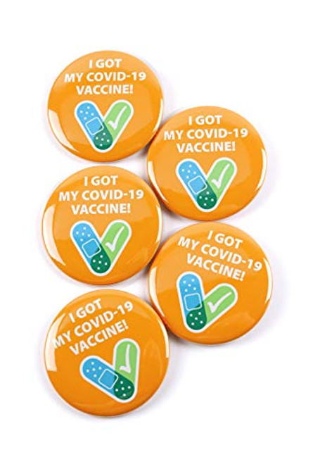 Orange - I Got My Covid-19 Vaccine Notification CDC Encouraged Clinical and Public Health - Pinback Button Badges 2.25 Inch Round - 5 Pack Orange - I Got My Covid-19 Vaccine Notification CDC Encouraged Clinical and Public Health - Pinback Button Badges 2.25 Inch Round - 5 Pack