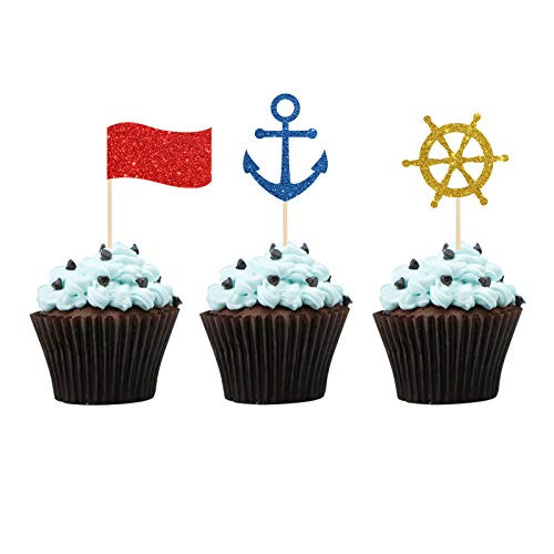 24 pcs Nautical Sailor Themed Cupcake Toppers for Baby Shower  Bridal Shower  Engagement  Sailors Welcome Party Decoration  Cupcake Toppers Picks Gold  Royal Blue  Red