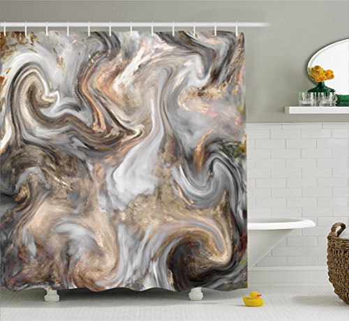 Ambesonne Marble Shower Curtain by, Retro Style Paintbrush Colors in Marbling Texture Watercolor Artwork, Fabric Bathroom Decor Set with Hooks, 75 Inches Long, Sand Brown Dust Light Grey