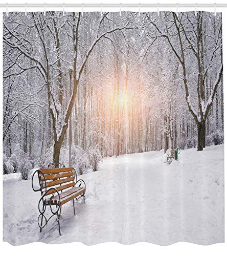 Ambesonne Winter Shower Curtain, Snow Covered Leafless Trees and Benches in The City Park Sunset Woodland Outdoors, Fabric Bathroom Decor Set with Hooks, 75 inches Long,