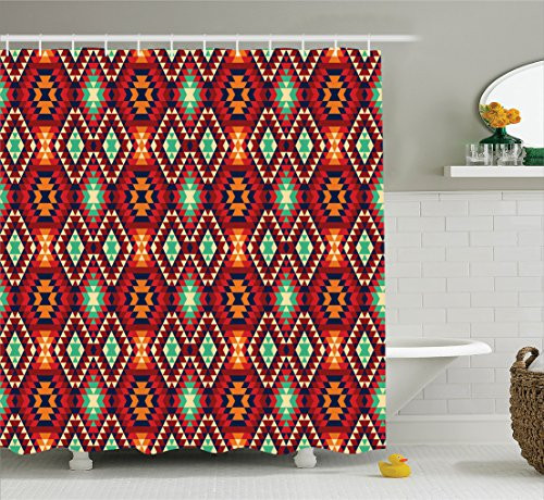 Ambesonne Native American Shower Curtain, Geometric Triangle Aztec Tribal Motif Zig Zag Folk Art Style Ethnic Print, Fabric Bathroom Decor Set with Hooks, 75 inches Long, Multicolor