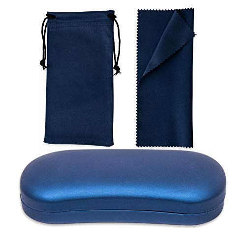 Large Hard Shell Eyeglass Case Holder For Glasses And Sunglasses Unisex With Microfiber Cloth  Navy Blue