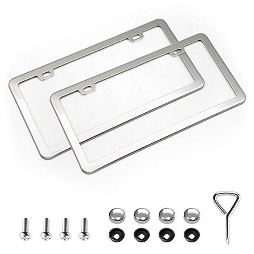 XCLPF 2 Pcs 2 Holes Stainless Steel Silver License Plate Frame Car Licenses Plate Covers Holders Frames for Plates with Screw Caps.