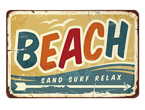 AOYEGO Beach Tin Sign Wave Bird Fly Ocean Fun Arrow Sand Surf Relax Vintage Metal Tin Signs for Cafes Bars Pubs Shop Wall Decorative Funny Retro Signs for Men Women 8x12 Inch