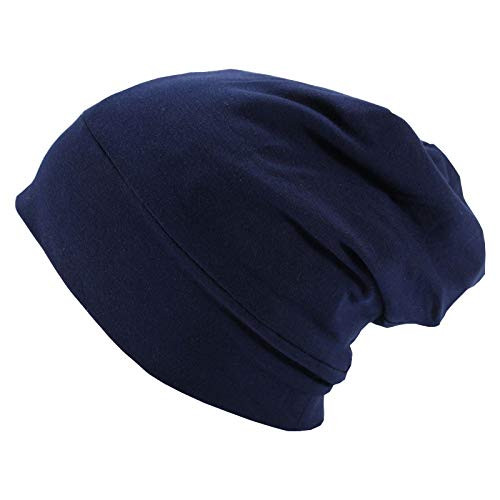 Satin Lined Night Cap for Curly Hair Women - Double Layer Sleeping Bonnet Beanie Head Cover  and  Night Caps  Navy Blue
