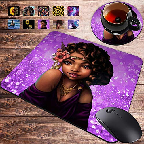 Gaming Mouse Pad and Coasters Set  Cool Girl African American Woman Mousepad  Non-Slip Rubber Rectangle Mouse Pad  Customized Mouse Mat for Working and Gaming