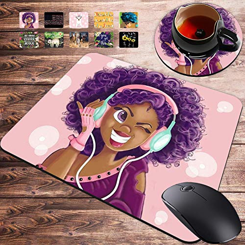 Gaming Mouse Pad and Coasters Set  African American Women Purple Hair Girl Mousepad  Non-Slip Rubber Rectangle Mouse Pad  Customized Mouse Mat for Working and Gaming