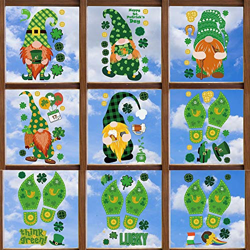 St. Patrick's Day Window Clings Gnome Window Stickers Leprechaun Footprints Floor Clings Green Shamrock Lucky Swedish Design Window Decor for Glass Home Office Decor Irish Party Decoration 9 Sheets