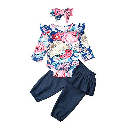 3PCS Infant Toddler Baby Girl Clothes Ruffle Romper Bodysuit Floral Halen Pants Headband Outfits  V Floral 04  12-18 Months 3PCS Infant Toddler Baby Girl Clothes Ruffle Romper Bodysuit Floral Halen Pants Headband Outfits  V Floral 04  12-18 Months