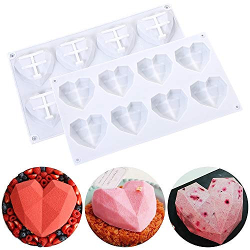 2Pcs 3D Diamond Silicone Heart Shaped Cake Mold  Non-Stick Mousse Bread Bakeware Cake Pan Home Baking DIY  White