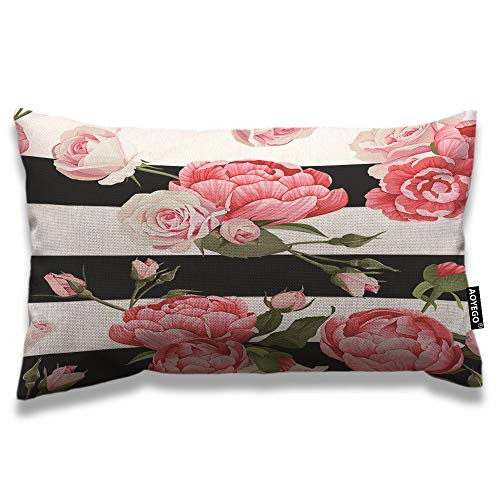 AOYEGO Floral Throw Pillow Cover 12x20 Inch Pink Peony and Rose Flower Green Leaves on Black White Stripes Rectangle Pillow Cases Home Decorative Cotton Linen Cushion Cover for Bed Sofa AOYEGO Floral Throw Pillow Cover 12x20 Inch Pink Peony and Rose Flower Green Leaves on Black White Stripes Rectangle Pillow Cases Home Decorative Cotton Linen Cushion Cover for Bed Sofa