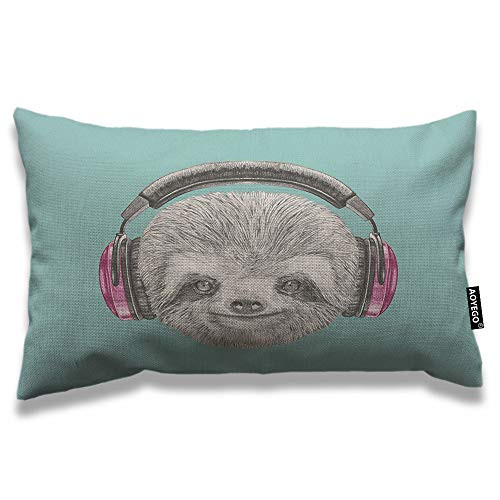 AOYEGO Sloth Throw Pillow Cover 12x20 Inch Cute Animal with Headphone Listening to Music Rectangle Pillow Cases Home Decorative Cotton Linen Cushion Cover for Bed Sofa Green Gray