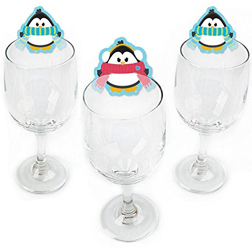 Big Dot of Happiness Holly Jolly Penguin - Shaped Holiday and Christmas Party Wine Glass Markers - Set of 24