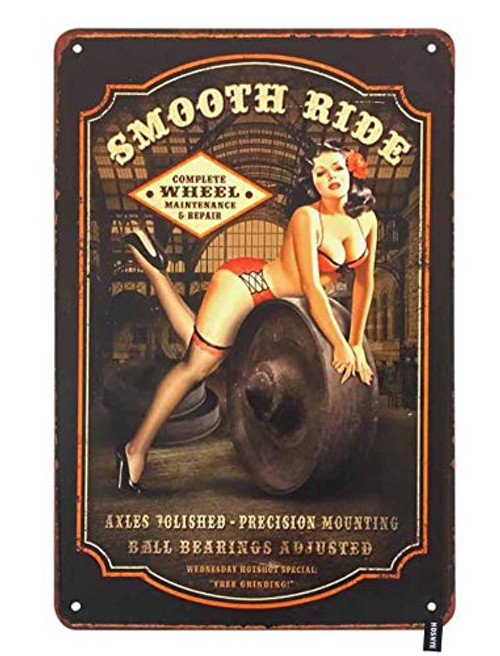 HOSNYE Smooth Ride Wheel Pin Up Girl Tin Sign Sexy Woman Lie Down The Wheels Vintage Metal Tin Signs for Men Women Wall Art Decor for Home Bars Clubs Cafes 8x12 Inch