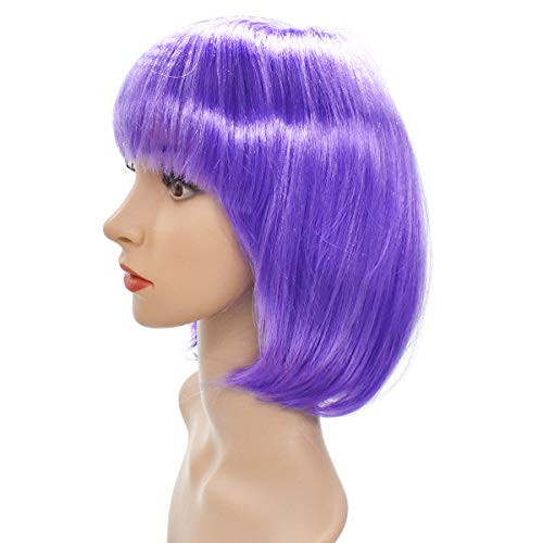 We We Short Bob Wig with Bangs 12 Inches Straight Synthetic Cosplay Daily Party Hair Wigs for Women with Free Wig Cap Purple We We Short Bob Wig with Bangs 12 Inches Straight Synthetic Cosplay Daily Party Hair Wigs for Women with Free Wig Cap Purple