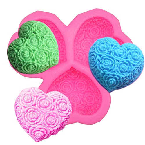 3 Cavity Heart Shaped Rose Flower Silicone Molds Soap Making Molds Fondant Candy Molds with Rose Flower Pattern for Soap Lotion Bar Bath Bomb Candle Candy Chocolate