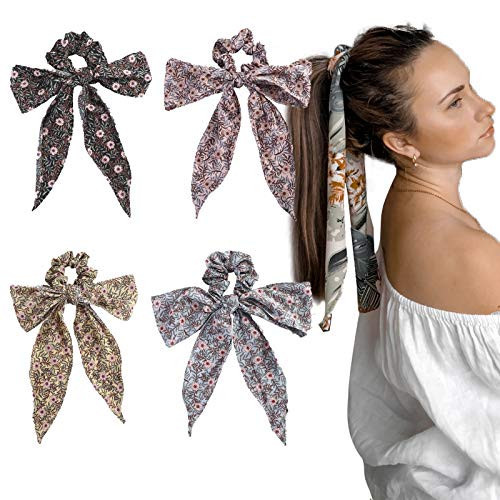 Hair Scarf Hair Scrunchies Chiffon Floral Scrunchie Hair Bands Elastic Hair Bands Bowknot Ponytail Holder for Women Girls mix1