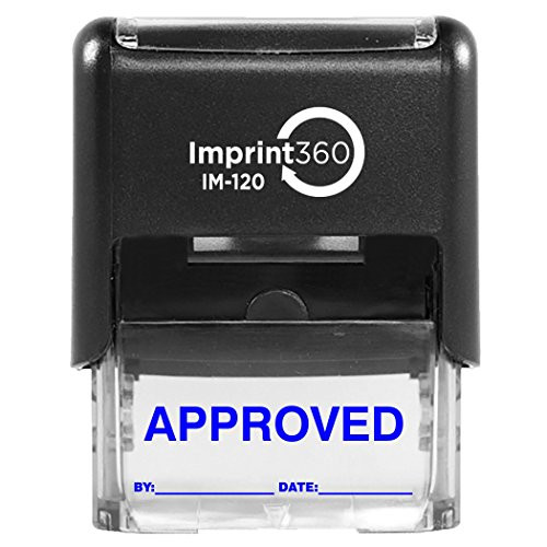 Supply360 AS-IMP1102B - Approved Stamp with by   and  Date   Blue Ink  Heavy Duty Commerical Self-Inking Rubber Stamp  9 16" x 1-1 2" Impression