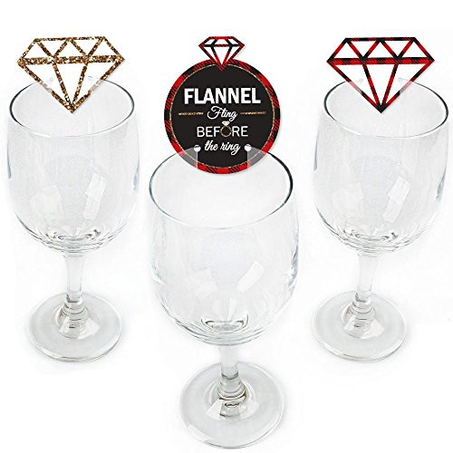 Flannel Fling Before The Ring - Shaped Buffalo Plaid Bachelorette Party Wine Glass Markers - Set of 24