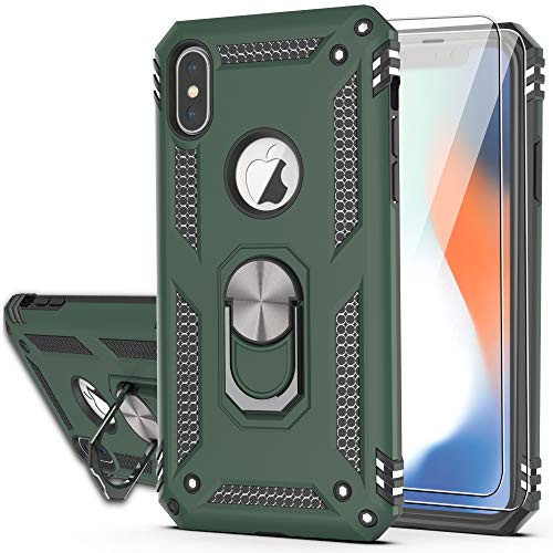 YmhxcY iPhone X Case iPhone Xs Case with Tempered Glass Screen Protector  2 Pack  360 Degree Rotating Ring Double Layer Shockproof Case for iPhone 10 5.8 inch-JH Dark Green
