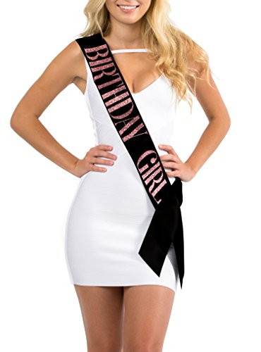 Dulcet Downtown Black Satin Birthday Girl Sash with Rose Glitter Lettering