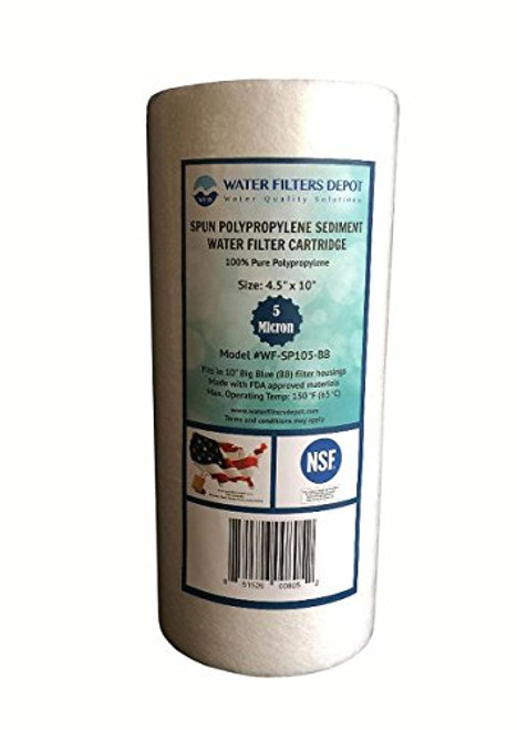 WFD WF-SP105-BB 4.5"x10" 5 Micron Sediment Water Filter Cartridge Spun Polypropylene by Fits in 10" Big Blue BB Housings of Filtration Systems for Whole House 1 Pack WFD WF-SP105-BB 4.5"x10" 5 Micron Sediment Water Filter Cartridge Spun Polypropylene by Fits in 10" Big Blue BB Housings of Filtration Systems for Whole House 1 Pack
