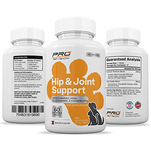 Hip  and  Joint Supplement- Improves Mobility  Joint Flexibility   and  Arthritis Pain Relief. Powerful Ingredients Turmeric  Chondroitin  Glucosamine  and  MSM. Soft Chewable Bacon Flavor Tablet for Dogs  and  Cats.