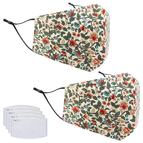Flower-E Unisex Cotton Washable Reusable Face Mask Adjustable Dustproof Comfortable Cloth Masks with Filter Pockets 2 PCS