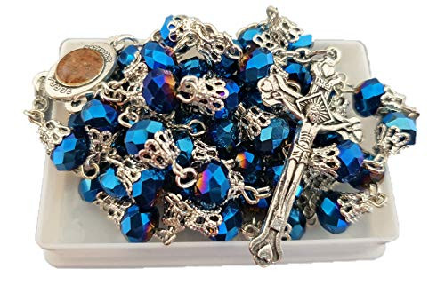 Unique Deep Blue Flower Shaped Crystal Beads Catholic Rosary Necklace in Gift Box Unique Deep Blue Flower Shaped Crystal Beads Catholic Rosary Necklace in Gift Box