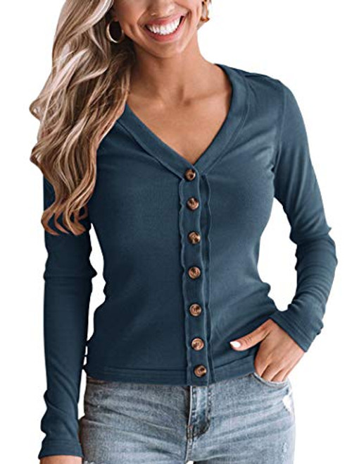 Minclouse Women's Button Down Long Sleeves Blouse Tops Casual Fit V Neck Tunics Shirts Blue Minclouse Women's Button Down Long Sleeves Blouse Tops Casual Fit V Neck Tunics Shirts Blue