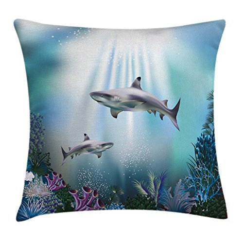 Ambesonne Underwater Throw Pillow Cushion Cover  Realistic Illustration Wild Sharks and Plants Corals Seaweed Aquatic Ocean Life  Decorative Square Accent Pillow Case  16" X 16"  Purple Blue
