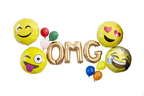 OMG! Emoji Party Balloon Pack - 13 Pc Cool Emoji Party Pack - 18" Large Emojis Balloons (Jumbo Smiley Balloons Face, Heart Eyes, Blushing Cheeks), 14" Letters, 5" Latex - Emoji Party Girl Birthday
