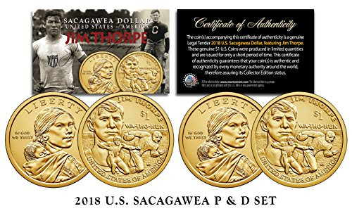 2018 US Mint Native American Jim Thorpe 1 Dollar Sacagawea 2-Coin Set Both P and D